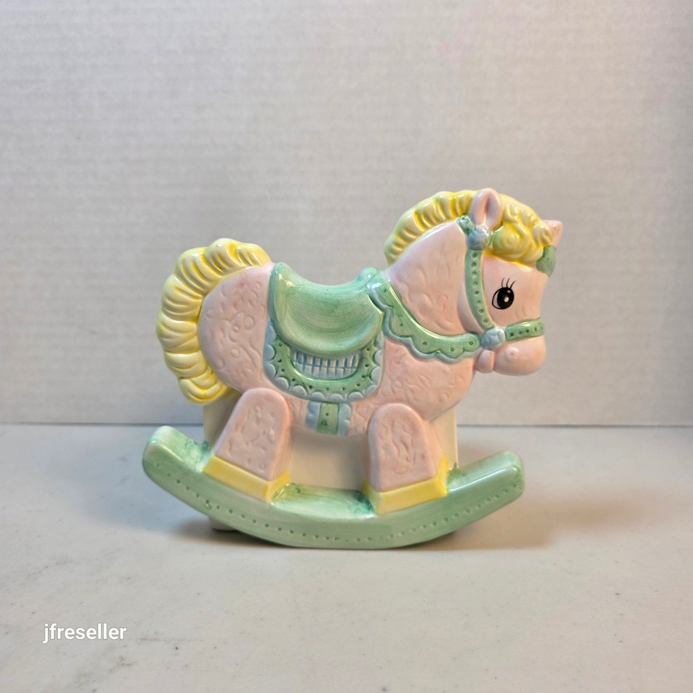 Vintage Napco Ceramic Rocking Horse Planter Pastel Pink Green Nursery Decor
